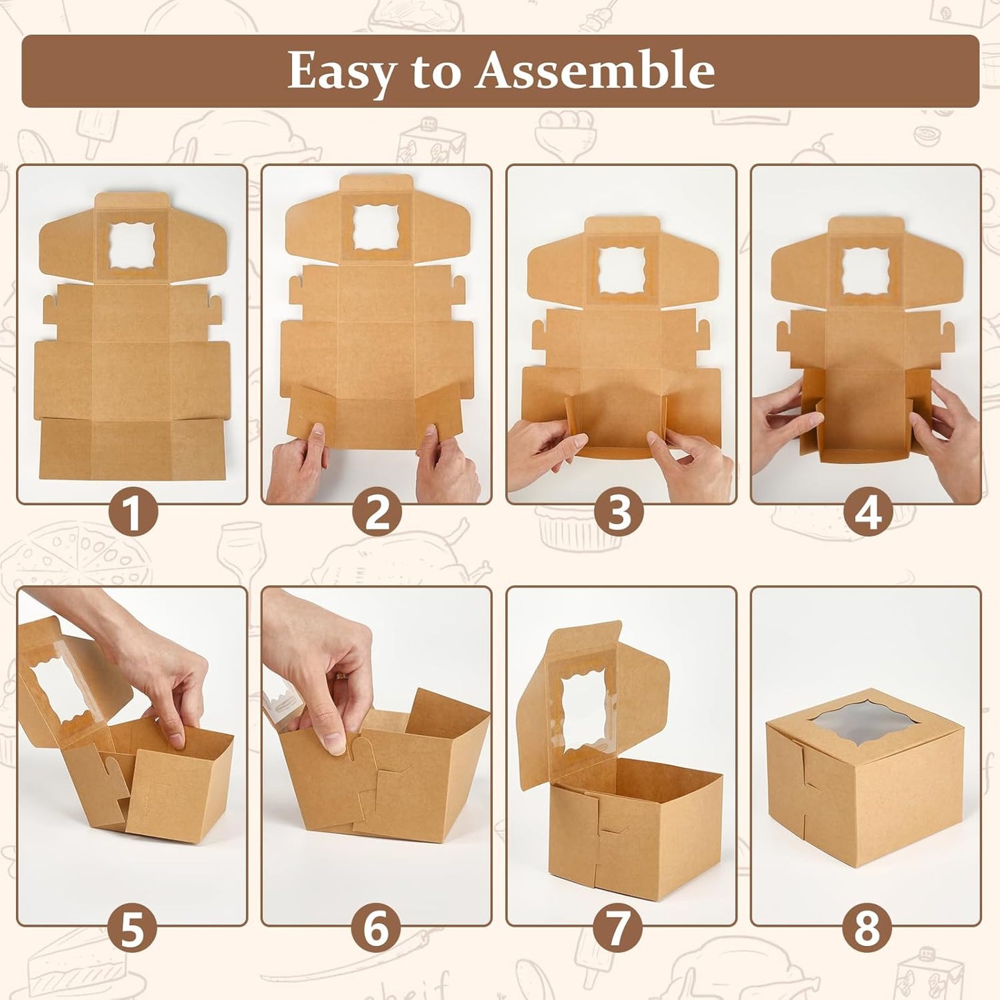 80 Pack Cookie Boxes with Window, 4x4x2.5 Inch Kraft Bakery Boxes for Treats, Desserts, Mini Cakes, Cookies, Pastries, Donuts, Macarons, Strawberries, Chocolate & Gift Giving (Brown, with Stickers)