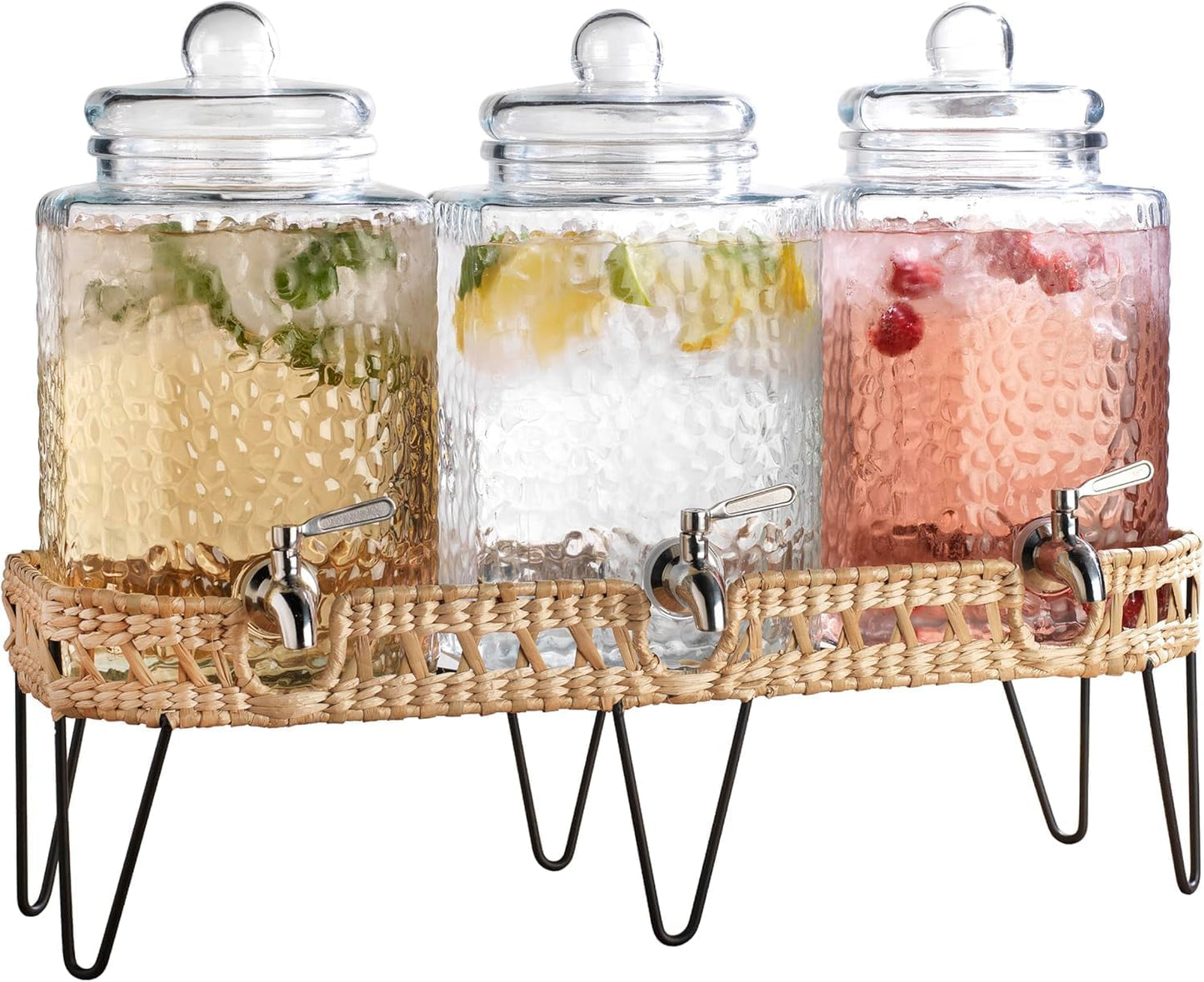 1.5 Gallon Glass Drink Dispenser for Parties 3 PACK Beverage Dispensers with Stand, Glass Water Jug Dispenser, with 18/8 Stainless Steel Spigot, Great for Party, Wedding, Picnic, BBQ Wicker Design