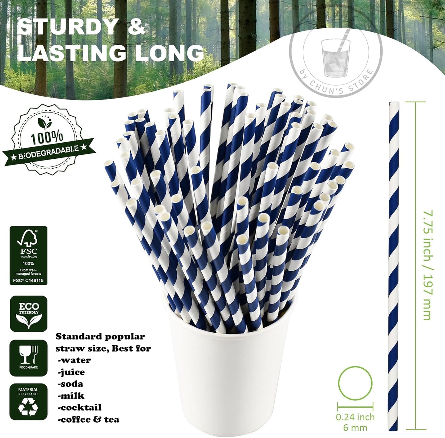 Black Paper Straws 1000 Count - 7.75" x 0.24", 100% Biodegradable & Compostable, Disposable Drinking Straws Bulk - Cocktail, Bars, Restaurants