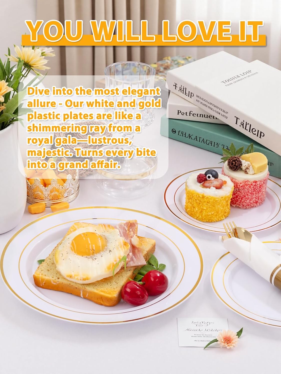 350 Pieces Black and Gold Plastic Plates with Disposable Silverware, Include 50 Dinner Plates 9”, 50 Dessert Plates 6.3”, 50 Black Cups 9 OZ, 50 Pre Rolled Napkins for Wedding Party Graduation