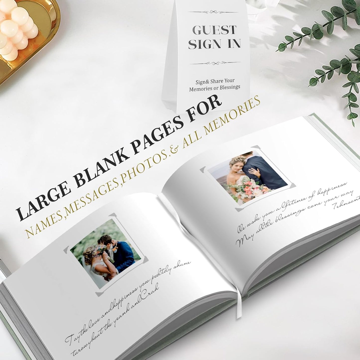 Wedding Guest Book for Memorial Service with 216 Photo Corners Stickers, Linen Guestbook to Sign at Bridal Shower or Wedding Reception Party,100 Pages, Blank Thick Paper Books for Baby Shower- Sage