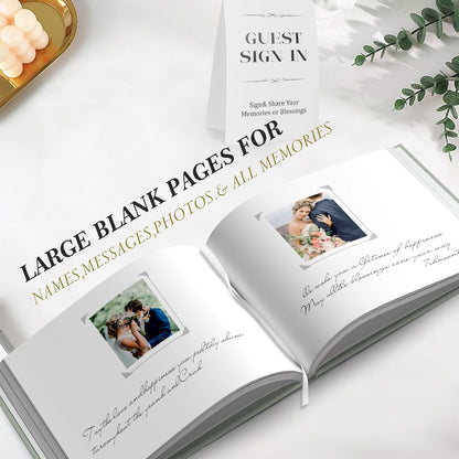 Wedding Guest Book for Memorial Service with 216 Photo Corners Stickers, Linen Guestbook to Sign at Bridal Shower or Wedding Reception Party,100 Pages, Blank Thick Paper Books for Baby Shower- Sage