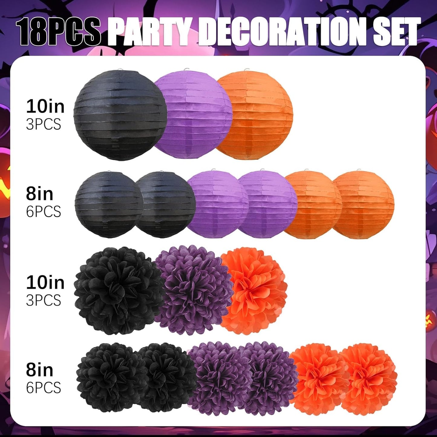 18 PCS Tissue Paper Pom Poms, Tissue Pom Poms Flowers, Sizes of 6", 10", 12", 14" Hanging Paper Flower Ball for Wedding, Birthday, Halloween, Christmas, Baby Shower Party Decor (Red Black Gold)