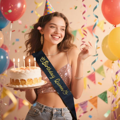 Luwigs Birthday Queen Sash Black Satin with Gold Foli Letter Happy Birthday Sash Gifts for Women and Girls Party Decorations Supplies (Black)