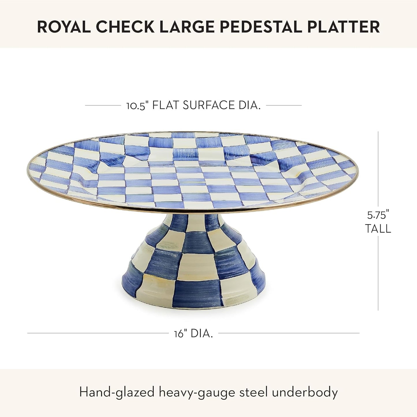MACKENZIE-CHILDS Enamel Pedestal Platter, Round Cake Stand, Large, Black-and-White Courtly Check