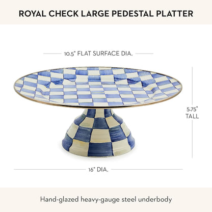 MACKENZIE-CHILDS Enamel Pedestal Platter, Round Cake Stand, Large, Black-and-White Courtly Check