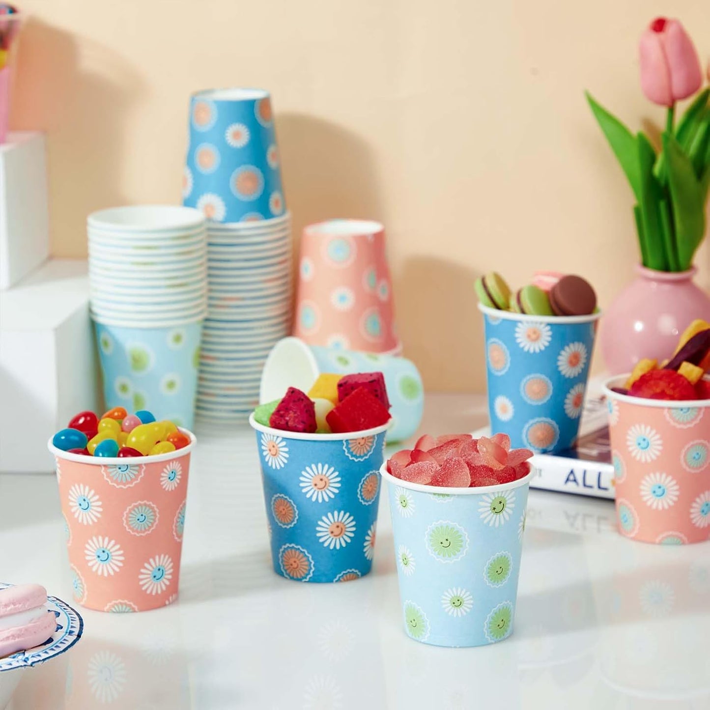 SIUQ 300 Pack Paper Cups 8 oz, Disposable Coffee Cups, Paper Coffee Cups 8 oz, Colourful Hot/Cold Beverage Drinking Cup for Water Juice or Tea, Office Party Home Travel - Daisy