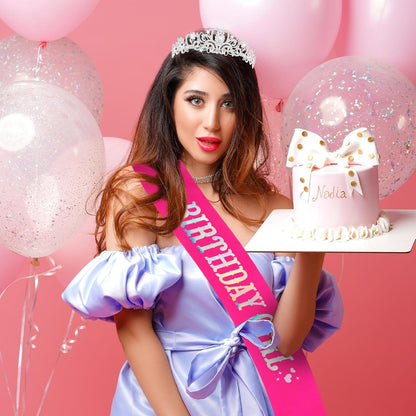 CIEHER Birthday Girl Crown and Sash - Rose Gold Tiara Birthday Decorations for Women and Girls