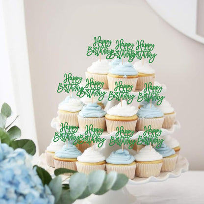 24 PCS Happy Birthday Cupcake Toppers Glitter Picks for Celebrating Anniversary Theme Party Cake Decorations Supplies Gold