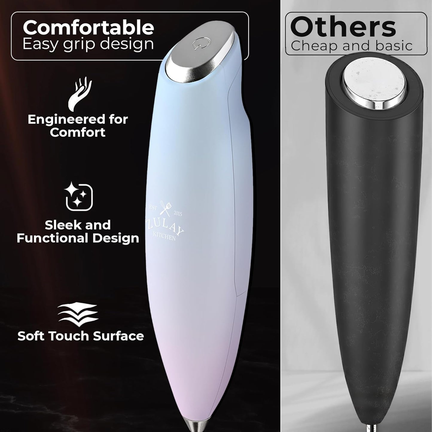 Zulay Kitchen Powerful Milk Frother Wand With Duracell Batteries - Ultra Fast Handheld Drink Mixer - Electric Whisk Foam Maker for Coffee, Lattes, Cappuccino & Matcha - Z1 Motor - Black - Colors A