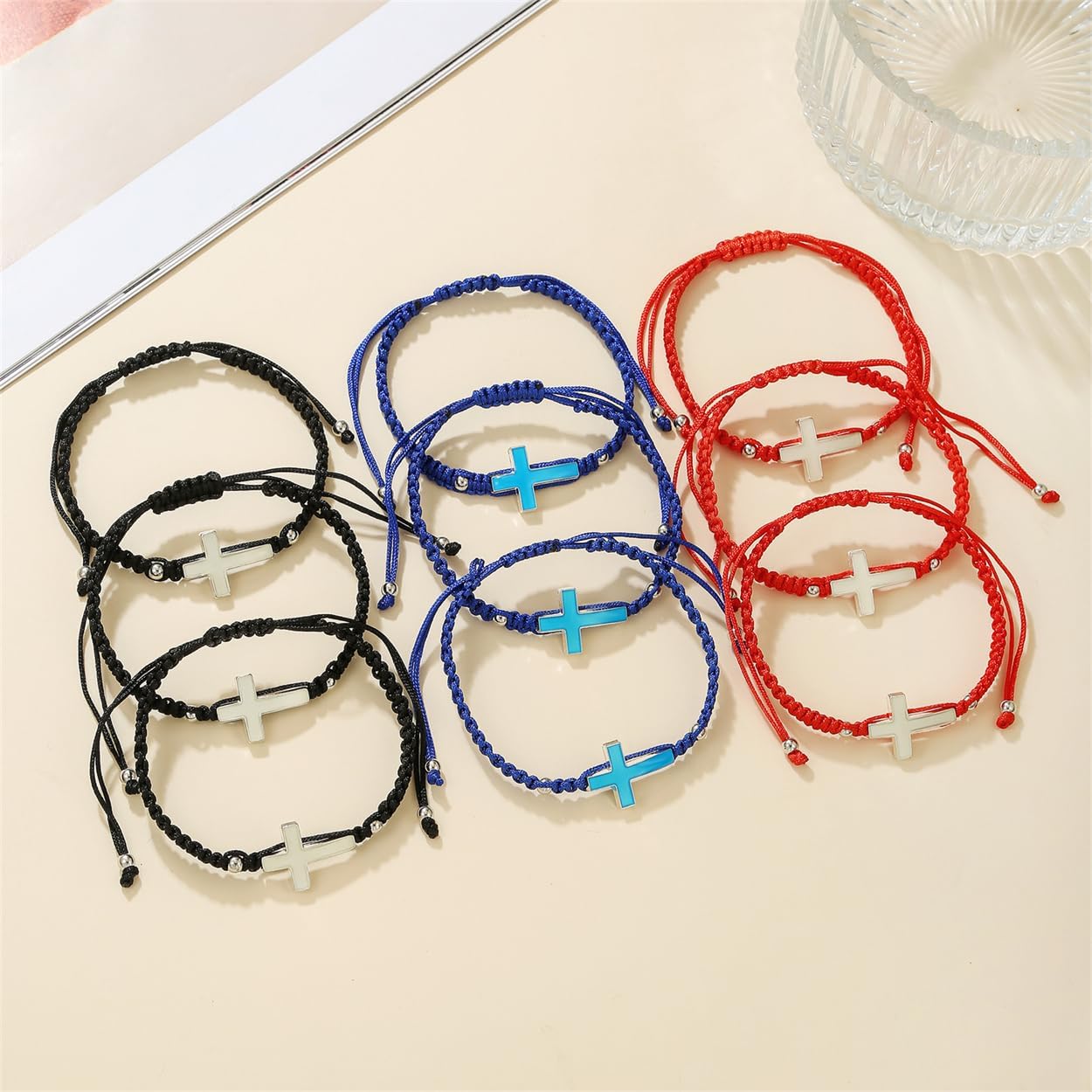 8mm Natural Volcanic Stone Bracelets for Men,Luminous Cross Bracelets,Healing Crystal Elastic Stretch Beads Bracelet,Religion Holy Communion Bracelet for Women