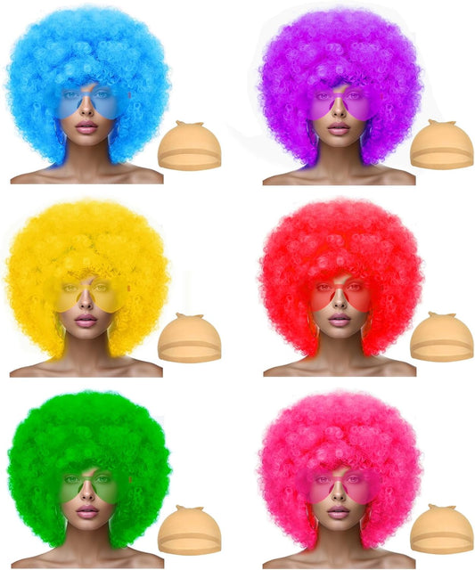 LIULIUBTY Short Bob Colors Wigs with Bangs, 6Pcs Cosplay Wig with Heart Sunglasses for Halloween Bachelor Party Decorations