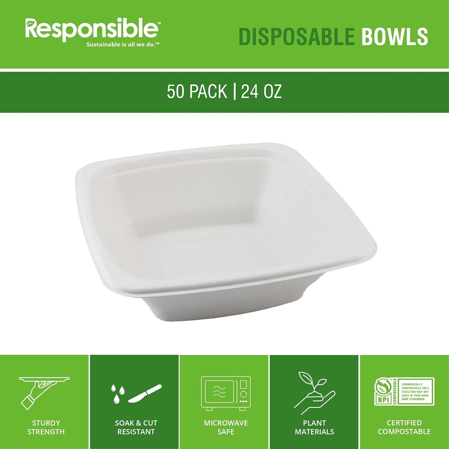 Responsible Products 100% Compostable Square Serving Bowls, 48 oz Disposable Paper Bowls, Microwave Safe, Freezer Safe, Soup Safe, No Plastic, Eco-Friendly, Tree-Free, No PFAS. White (50 Count)
