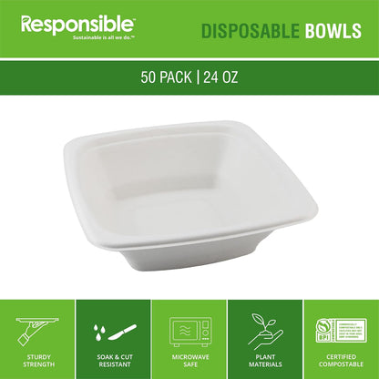 Responsible Products 100% Compostable Square Serving Bowls, 48 oz Disposable Paper Bowls, Microwave Safe, Freezer Safe, Soup Safe, No Plastic, Eco-Friendly, Tree-Free, No PFAS. White (50 Count)
