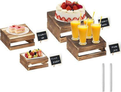 8 Pcs Buffet Risers with Mini Signs, Rustic Wood Cake Stands, Food Risers for Buffet Table, Dessert Display Stand, Wood Crates, Rustic Cake Stand for Party, Wedding, Birthday, Baby Shower, 4 Sizes