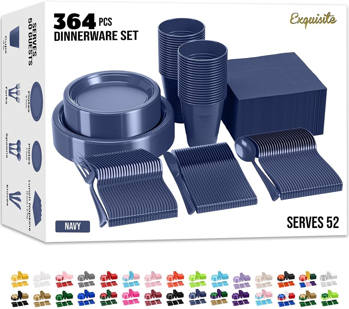 350 Pcs Black Plastic Plates For Party, Black Disposable Plates Set, 50 Of Each 9" Dinner Plate Set, 7" Dessert Plate, Cups, Napkins & Cutlery Plastic Dinnerware Set Exquisite