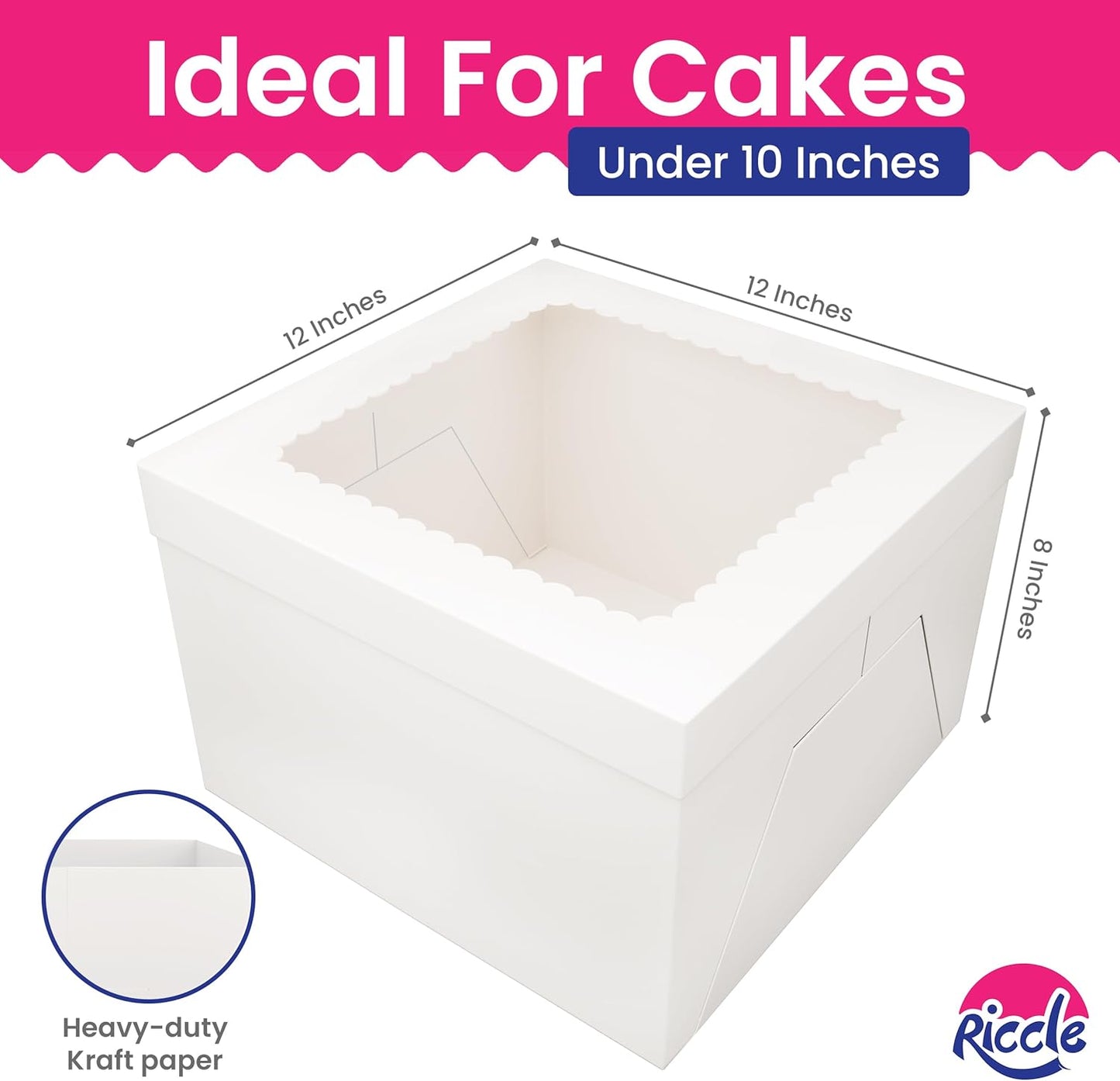 RICCLE 15pcs Cake Boxes, 10x10x8 Inches Tall Cake Box with Window, Large White Bakery Boxes, Baking Boxes, Square Cardboard Cake Box for Multi-Layer Cakes, Cake Decorating Supplies, Valentines Day