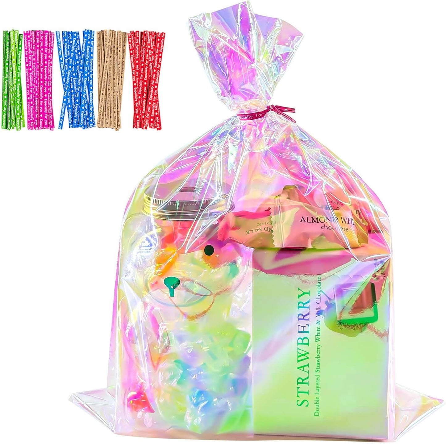 5x7 Inch Iridescent Cellophane Treat Bags with Twist Ties, Treat Bags for Candy Cookie Goodie Chocolates, And Popcorn