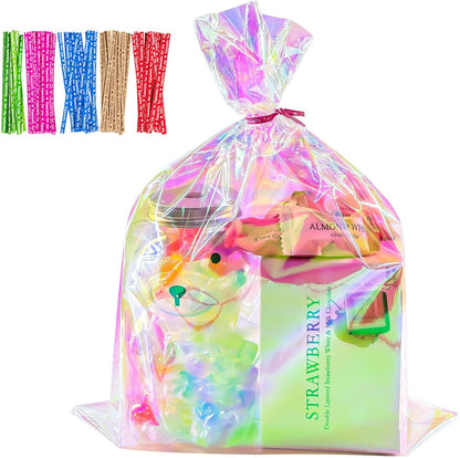 5x7 Inch Iridescent Cellophane Treat Bags with Twist Ties, Treat Bags for Candy Cookie Goodie Chocolates, And Popcorn