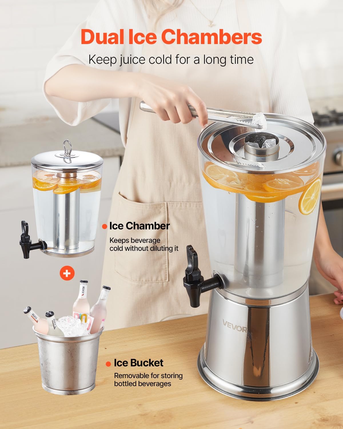 VEVOR Beverage Dispenser, 2.1 Gallon x 2 Drink Dispenser for Parties, Stainless Steel + Plastic Juice Dispensers with Spigot Ice Chamber Tray, Iced Tea Lemonade Dispensers, for Restaurants, Hotels