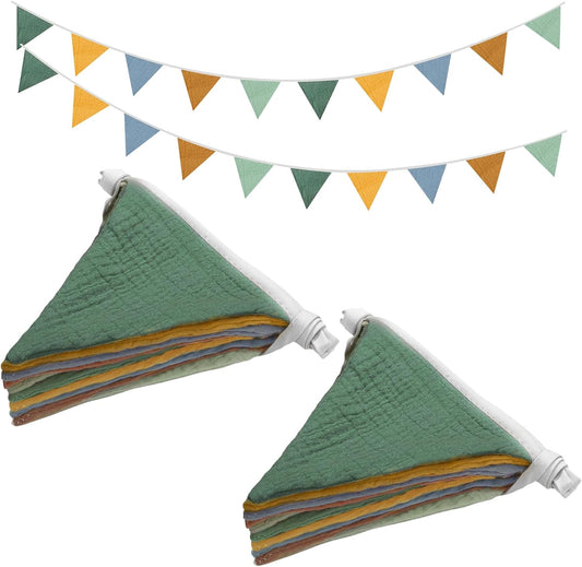2PCS Pennant Banner Flags, Fabric Bunting Banner Nursery Garland Decor, Baby Shower Garland, Triangle Flags for Baby Boy Room, Playroom, Boho Birthday Party Decor, Each 7.75 ft (Vintage Color)