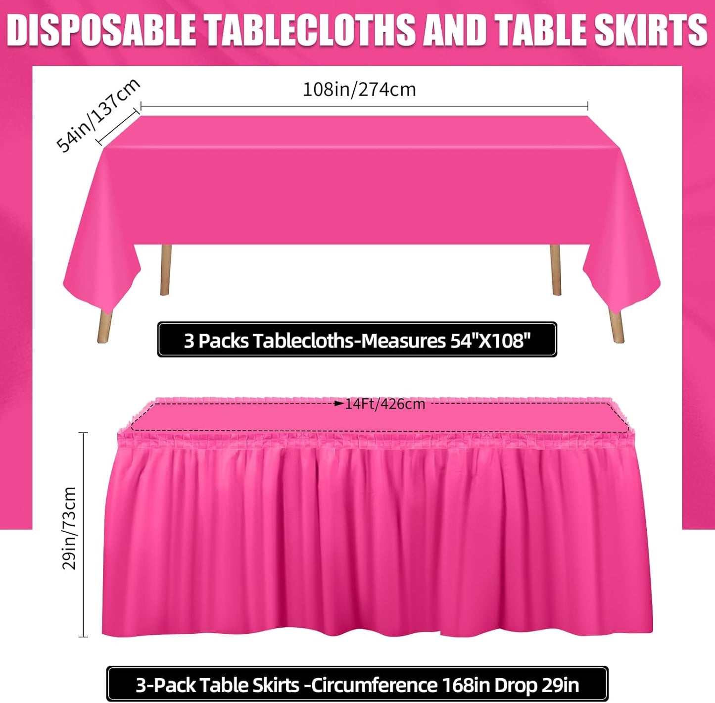 Oudain 6 Pcs Plastic Table Skirts and Stainproof Table Cloths 54 x 108 in Plastic Ruffle Tablecloth 168 x 29 Inches Disposable for Wedding Baby Shower Valentine Spring Easter Party(White)
