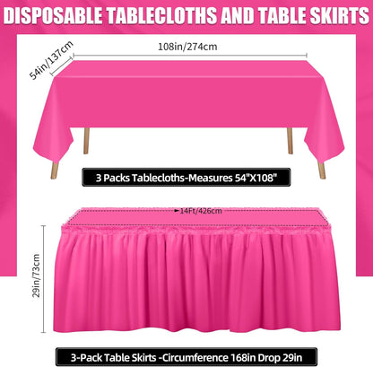 Oudain 6 Pcs Plastic Table Skirts and Stainproof Table Cloths 54 x 108 in Plastic Ruffle Tablecloth 168 x 29 Inches Disposable for Wedding Baby Shower Valentine Spring Easter Party(White)