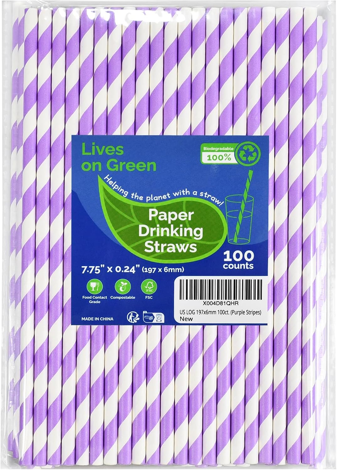 Disposable Paper Straws Solid Green - 7.75'' x 0.24'', 100 Counts - for Drinking, Beverage, Juice, Soda, Bar Supplies