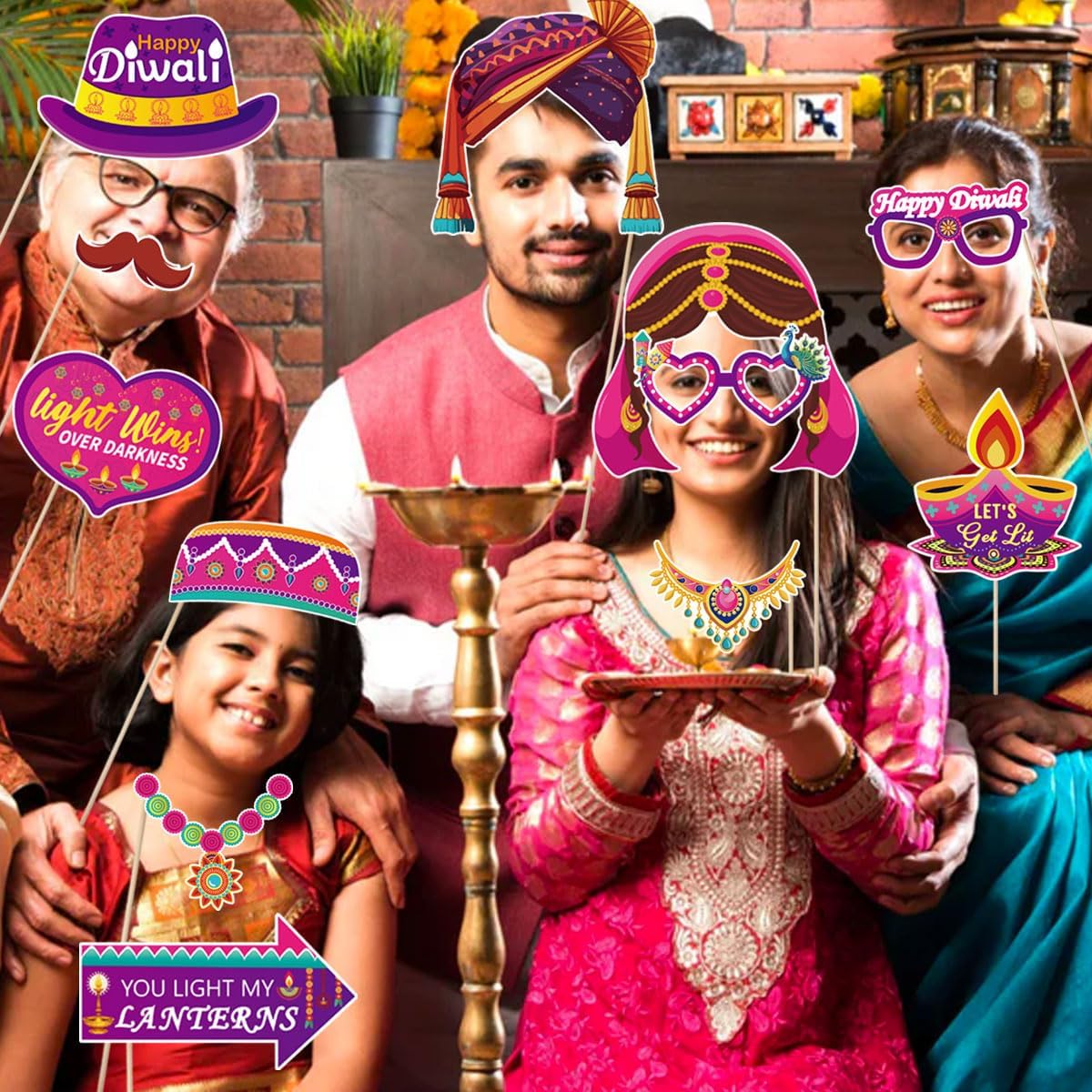 KYMY Happy Diwali Party Photo Booth Props Set, 1pc Deepavali Rangoli Selfie Frame with 20pcs Photo Booth Props, India Festival of Lights Party Favors for Hindu Diwali Themed Decorations Supplies