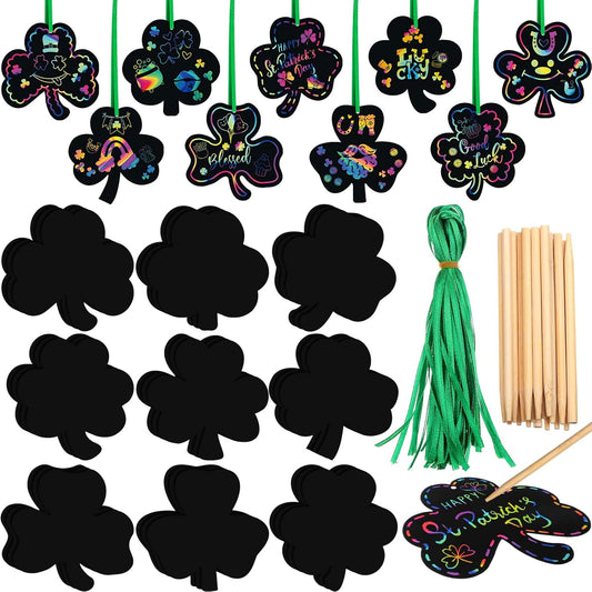 Jenaai 36 Pack St. Patrick's Day Shamrocks Scratch Crafts Bulk Rainbow Luck Color Craft Hanging Ornaments Kit for DIY Activity Art Project Party Favor Gift Tag