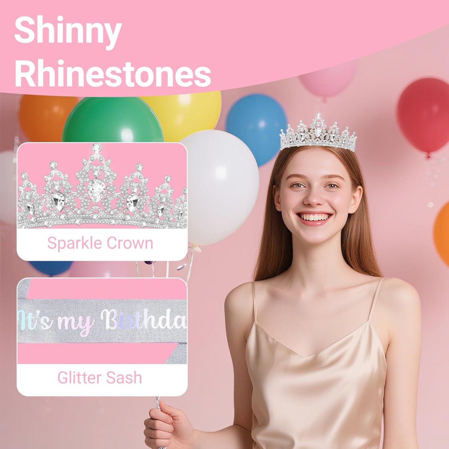 Birthday Tiara and Crown with Sash, Birthday Tiara for Women Party Silver