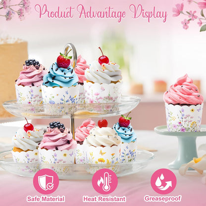 Qinyoung 120 Pcs Wildflower Cupcake Liner 4 Design Flower Paper Muffin Liner Scalloped Disposable Floral Baking Cup, Tea Party Baby/Bridal Shower Decoration for Spring Wedding Birthday Party Supplies
