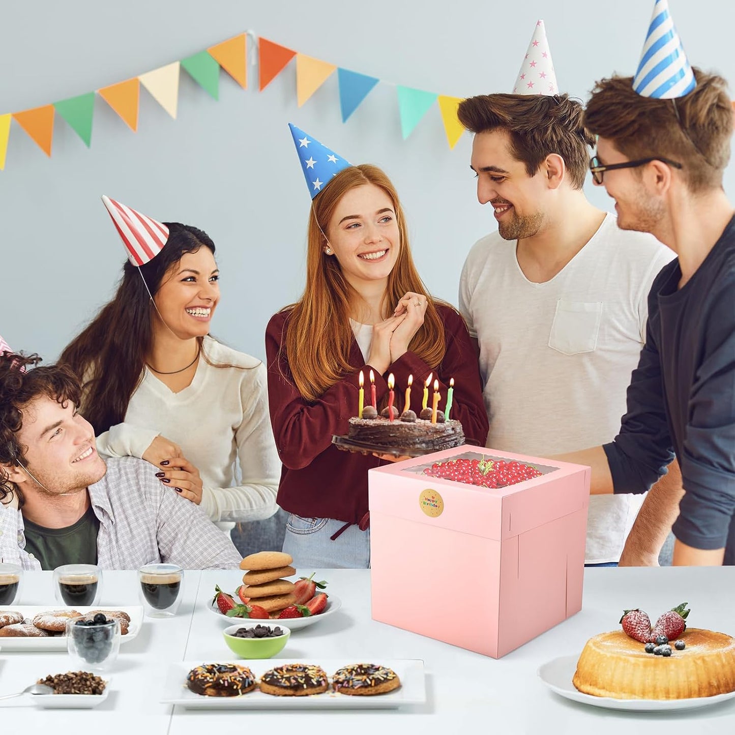 12Pcs 8x8x8 Inches Cake Boxes, Pink Square Bakery Boxes with Window, Disposable Cake Carrier Container for Pastries, Pie, Cookies, Chocolates, Cupcakes, Birthday Party, Wedding