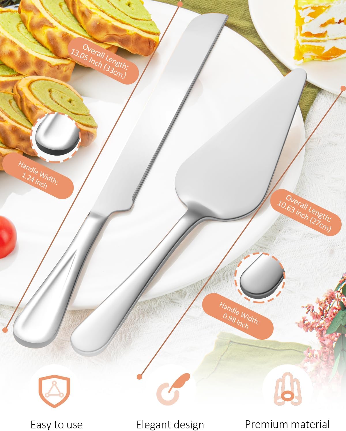 13-Inch Premium Cake Cutting Set for wedding，Exquisite Cake Knife and Server Set with Serrated Design, Ideal for Pastries, Pies, and Desserts (Silver)