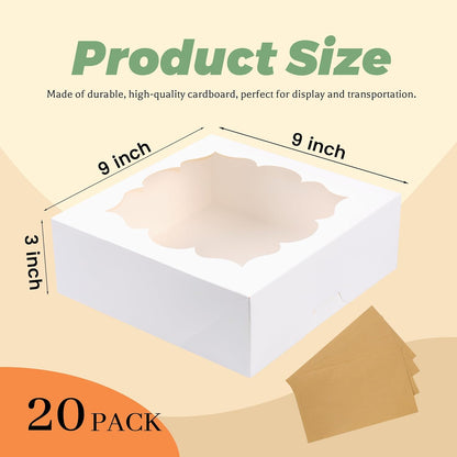 20 Pack Pie Boxes 9x9x3Inch Cake Boxes Bakery Boxes with Window for Pie, Cookies, Donuts, Chocolate Covered Strawberries(White)