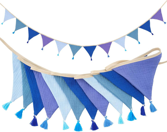 G2PLUS Cotton Fabric Bunting Banner, 9Ft Green Triangle Pennant Banner Flag, 12pcs Double-Sided Bunting Garland with Tassels for Birthday, Nursery, Baby Shower, Classroom Hanging Decor