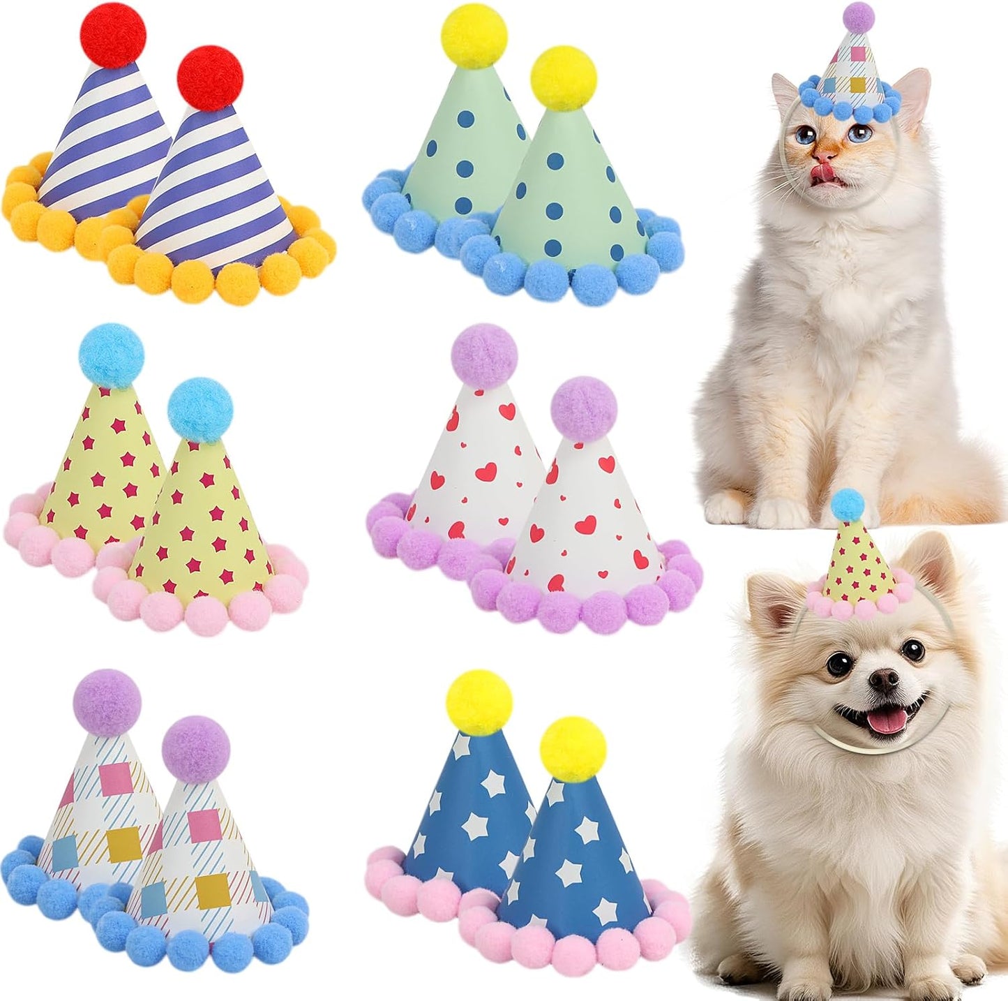 12 Pack Mini Party Hats for Stuffed Animals, Mini Hats with Pom Poms Dog Birthday Party Hats for Dolls Dog Cat Pet Birthday Decoration