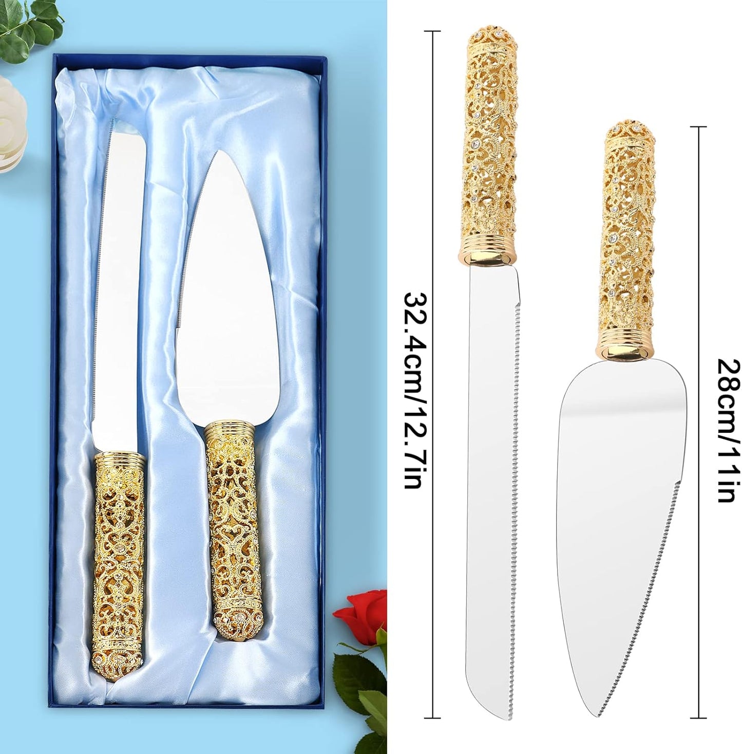 Gold Cake Knife and Server Set - 2 Piece Dessert Set Metal Handle with Crystal Stones Decoration for Wedding, Anniversary Party Birthday Banquets and Gifts for Bride and Groom