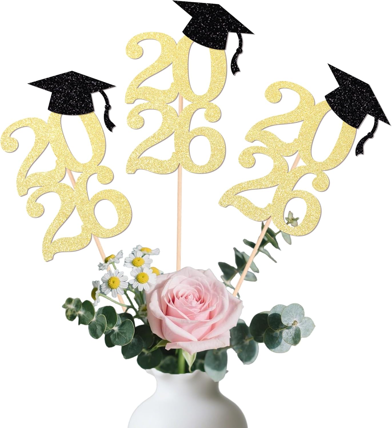 Class of 2026 Graduation Centerpieces, 10 Pcs Gold Glitter 2026 Centerpieces with Graduation Cap, Congrats Grad Party Decorations for Cake, Dessert & Centerpieces