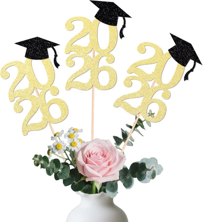 Class of 2026 Graduation Centerpieces, 10 Pcs Gold Glitter 2026 Centerpieces with Graduation Cap, Congrats Grad Party Decorations for Cake, Dessert & Centerpieces
