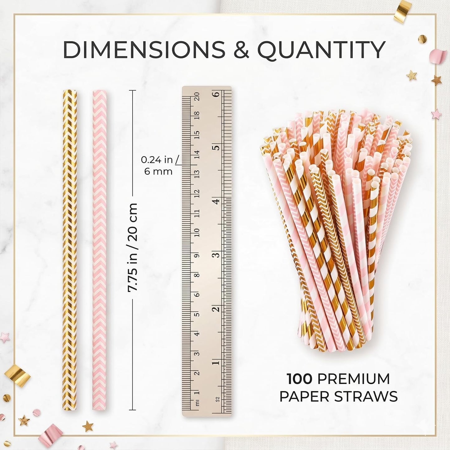 ALINK Biodegradable Paper Straws, 100 Pink and Gold Straws for Party Supplies, Birthday, Wedding, Bridal/Baby Shower, Christmas Decorations and Holiday Celebrations