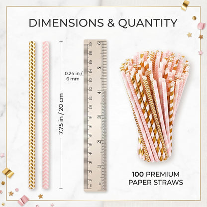 ALINK Biodegradable Paper Straws, 100 Pink and Gold Straws for Party Supplies, Birthday, Wedding, Bridal/Baby Shower, Christmas Decorations and Holiday Celebrations