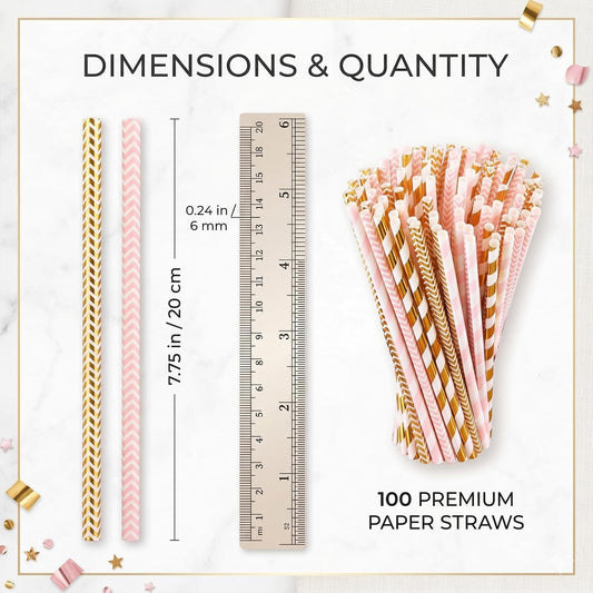 ALINK Biodegradable Paper Straws, 100 Pink and Gold Straws for Party Supplies, Birthday, Wedding, Bridal/Baby Shower, Christmas Decorations and Holiday Celebrations