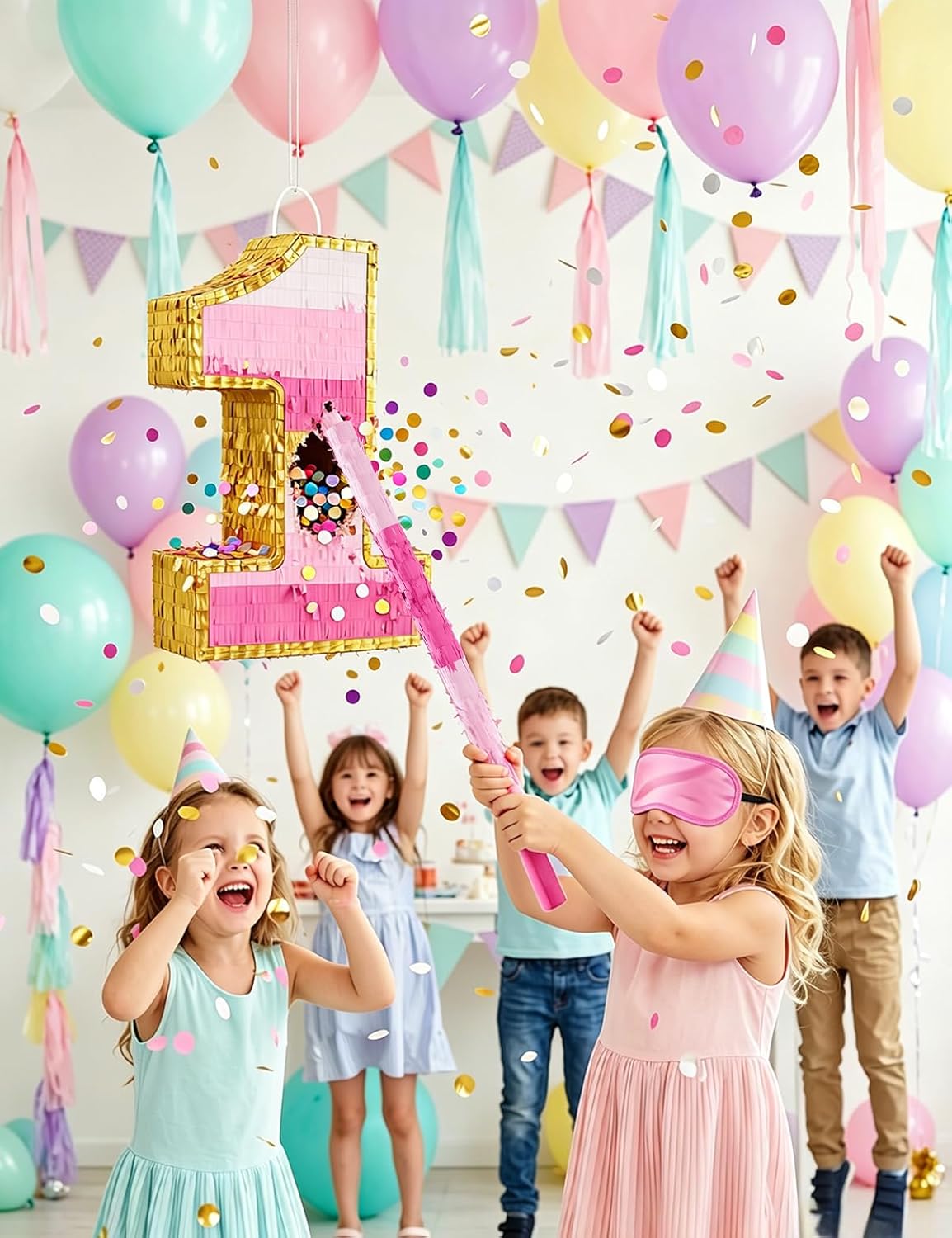 Number 5 Piñata with Stick, Blindfold & Confetti-Pink Piñata for Birthday Parties, Complete Party Game Set for Kids Girls-Gradient Pink Birthday Decor with Fillable Design(Small, 16.5 x 11.5 x 3 In)