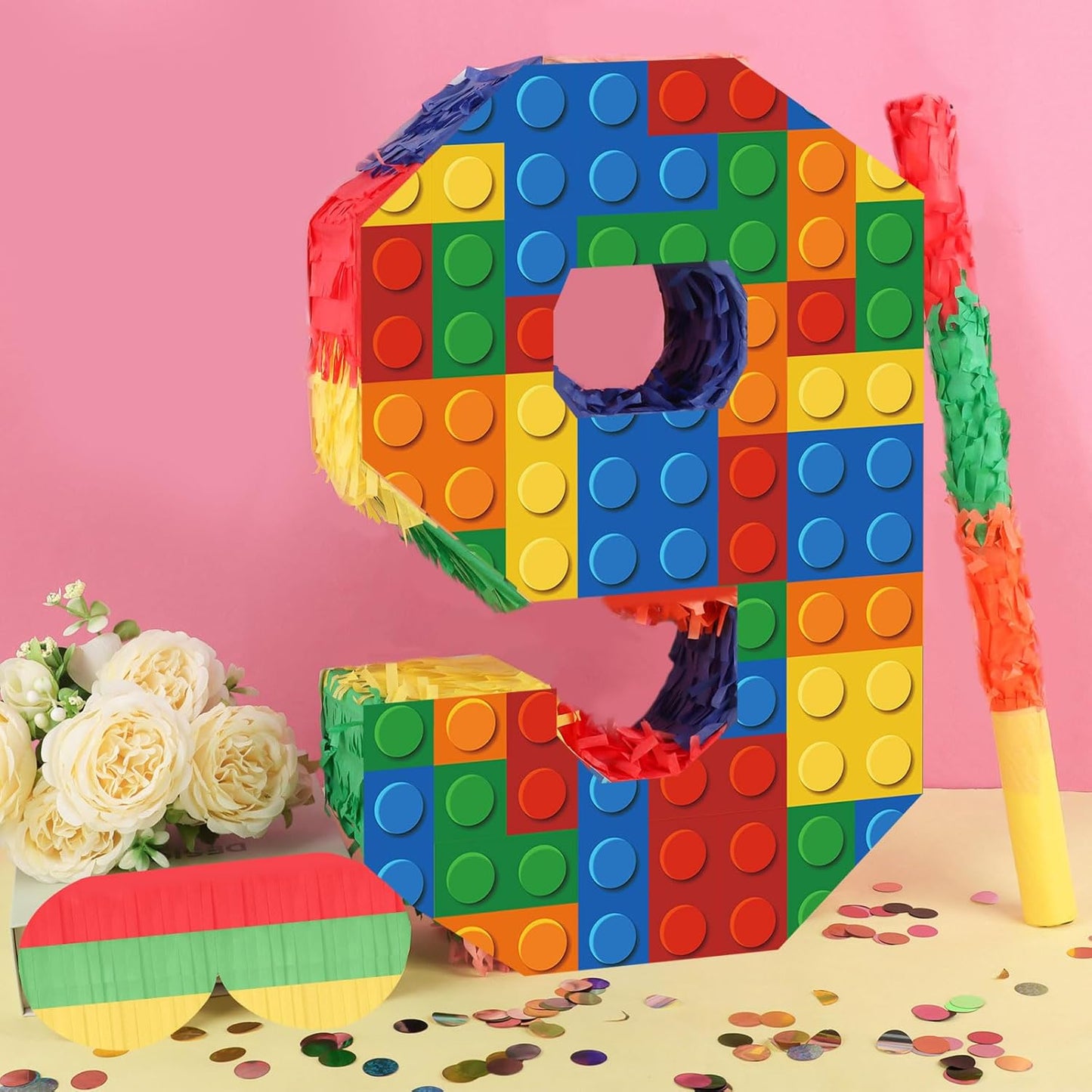 Number 7 Pinata Building Blocks with Pinata Stick Blindfold 7th Birthday Party Decorations Happy Birthday Building Block Theme Anniversary Party Supplies for Kids (Small, 16 x 10.6 x 3 in)