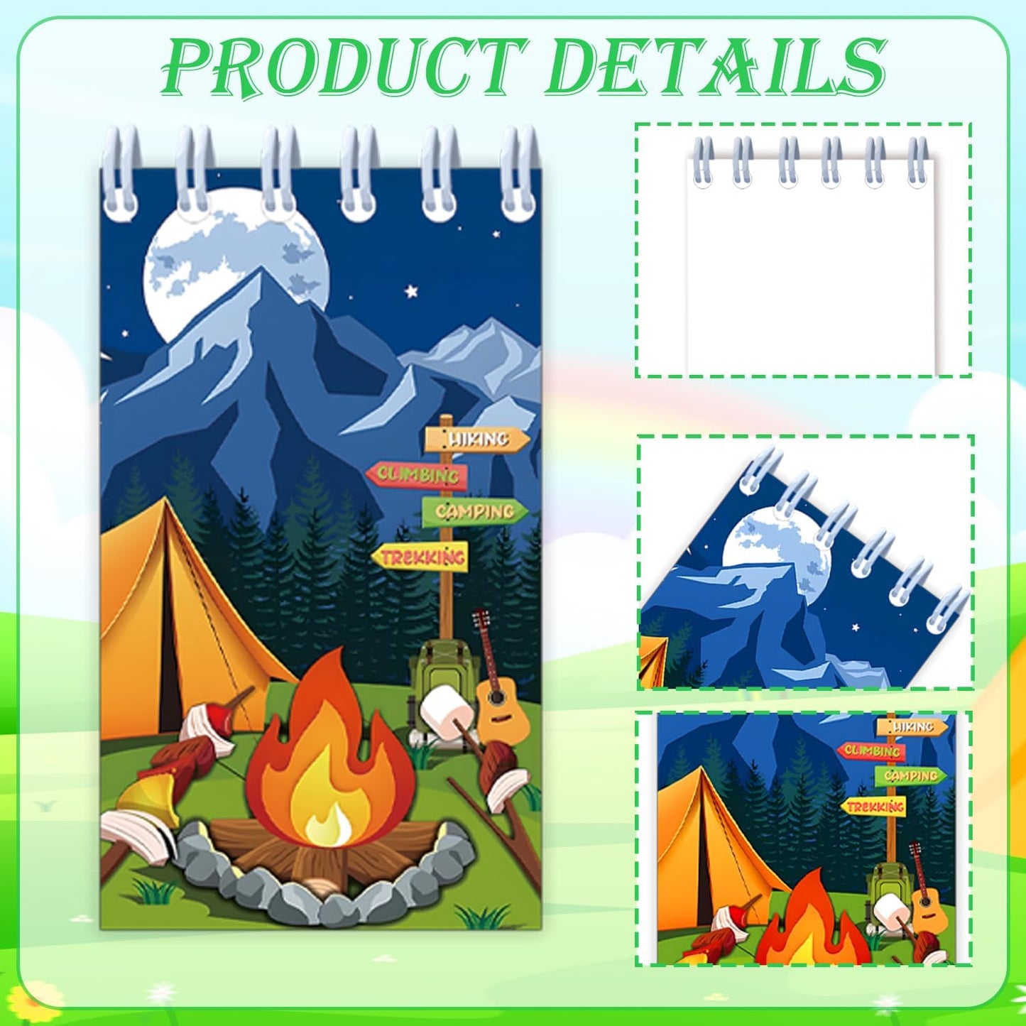 24PCS Camping Party Favors Camper Adventure Mini Spiral Notepads Candy Wild Adventure Camping Small Notebooks for Kids Summer Sleepaway Party Favors Forest Nature Hiking Party Gifts