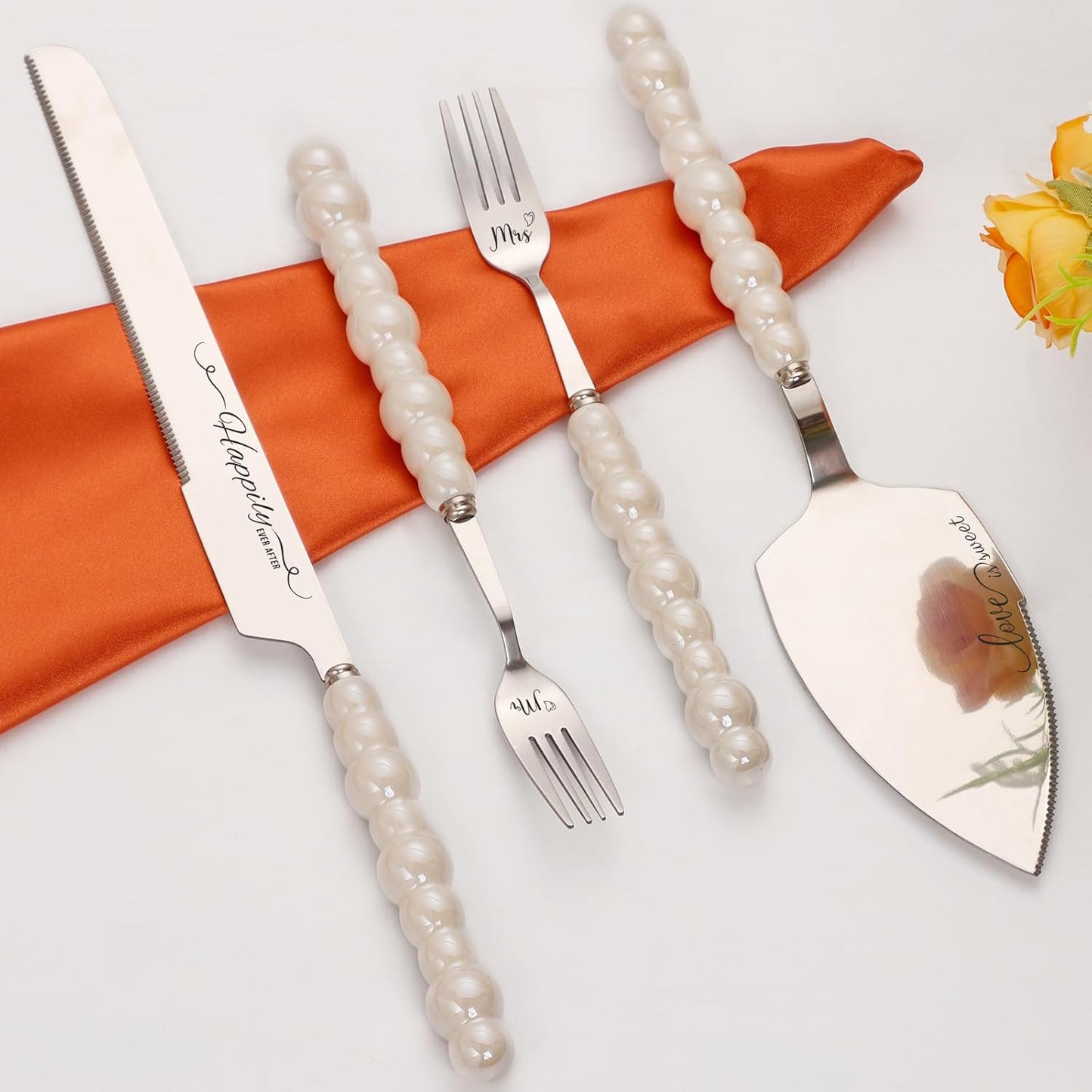 Pearl Wedding Cake Knife and Server Set with Forks, Cake Cutting Set with Stainless Steel Serrated Edges, Silver Pie Cutter Pizza Spatula, Gift for Bridal Couples Engagement (Mr & Mrs)