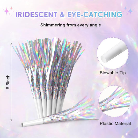 24 Pcs Party Blowers Glitter Iridescent Mermaid Unicorn Princess Noise Makers Metallic Fringed Horns Bulk for Graduation Birthday Favors Kids Decor(Pink, Purple, Blue, White)
