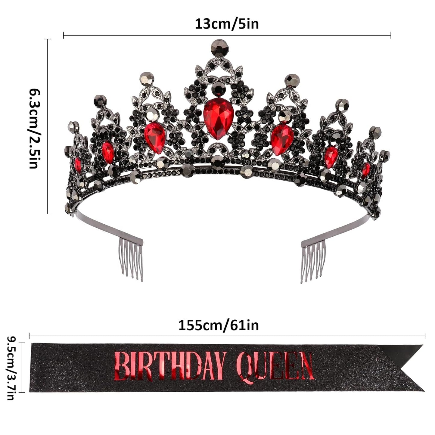CAVETEE Red Black Birthday Crown and Sash for Women Sash & Rhinestone Tiara Set Red and Black Party Decorations Birthday Queen Crowns Tiaras for Women