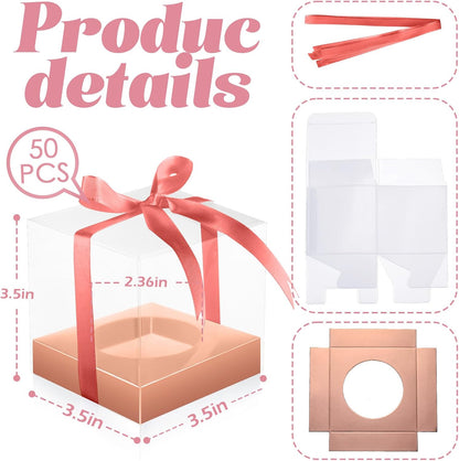 Thenshop 50 Pcs Clear Cupcake Boxes Individual 3.5 Inch Plastic Single Cupcake Containers Boxes with Inserts and Ribbon Individual Cake Storage Holders for Cake Kitchen(Dark Blue)